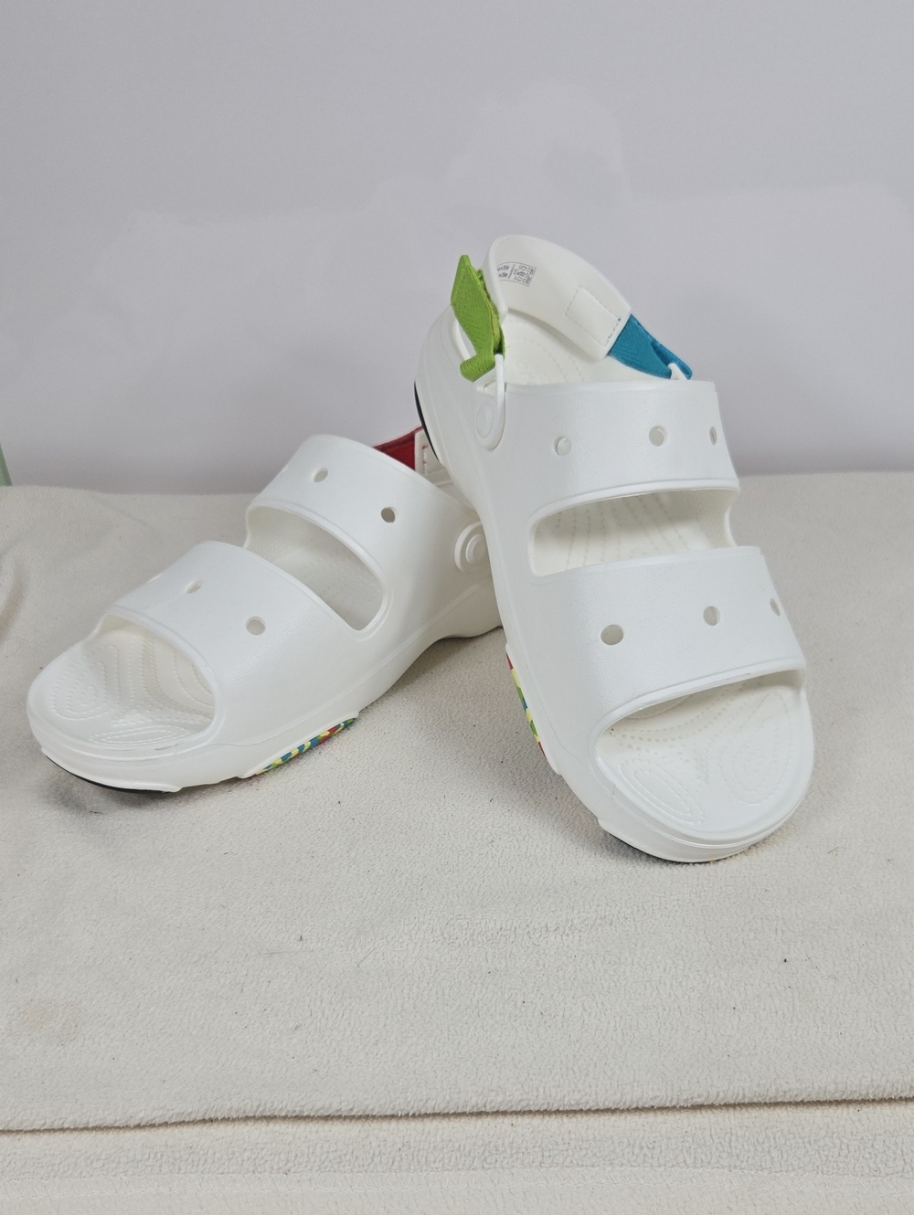 CROCS White Mens Sandals with Blue and Green Accent Size 15!